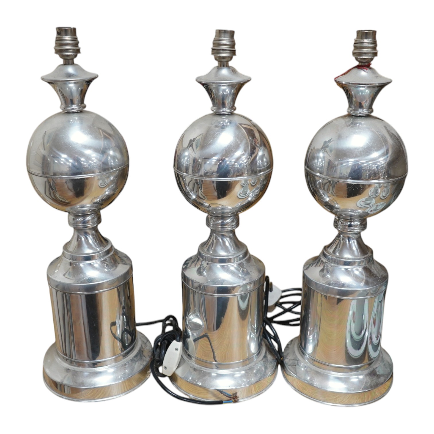 Three Art Deco style chrome lamps, 49cm including light fitting. Condition - fair